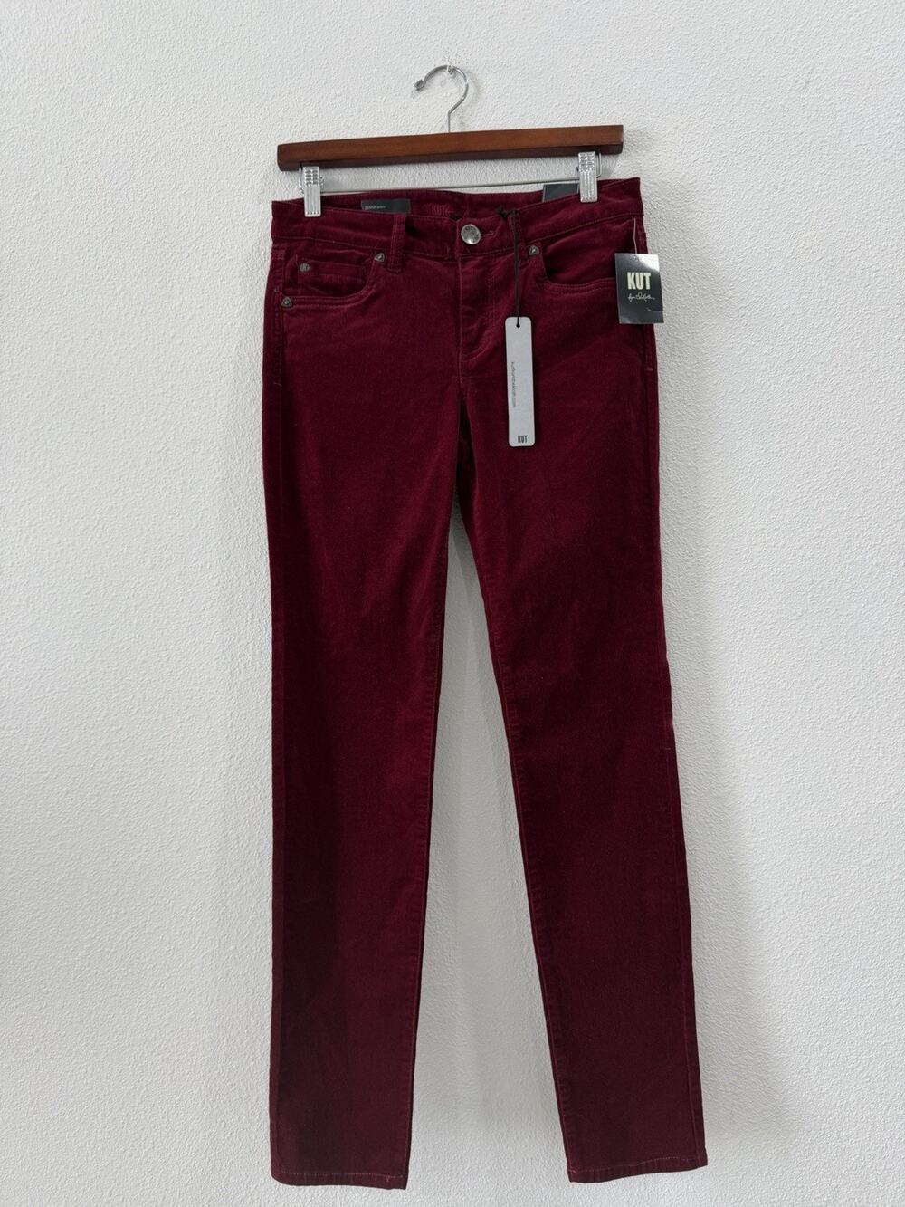 Kut From The Kloth Corduroy Velvet Pants Diana Skinny Stretch 4 burgundy Red NWT